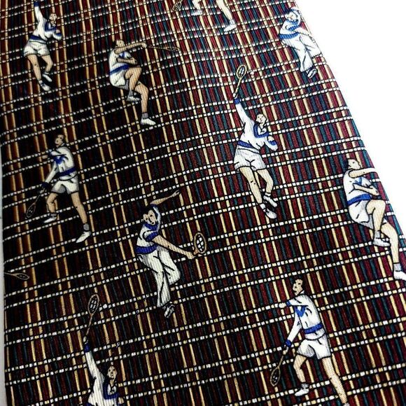Tommy Hilfiger Green Red Tan Tennis Print Short Wide Silk Tie - Picture 7 of 7